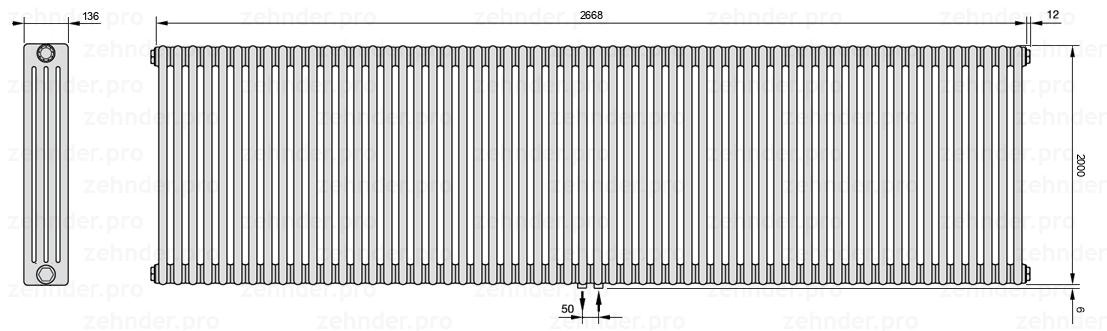 Схема (чертеж) Радиатор Zehnder Charleston 4200/58 №5410 Белый глянцевый RAL 9016